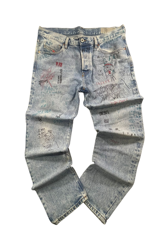 Rare Diesel Denim Jeans Printed Vintage - Maat 36/M - Baggy Fit